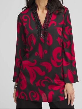 Chicos Embellished V-Neck Long Sleeve Tunic Top - Black & Red size 8